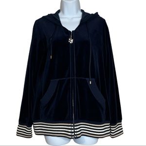St. John Sport Navy Blue Velour Velvet Track Hoodie Sweatshirt
